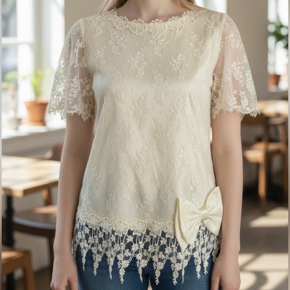 Patra Tops - Vintage Patra Lace Overlay Bow Applique Blouse